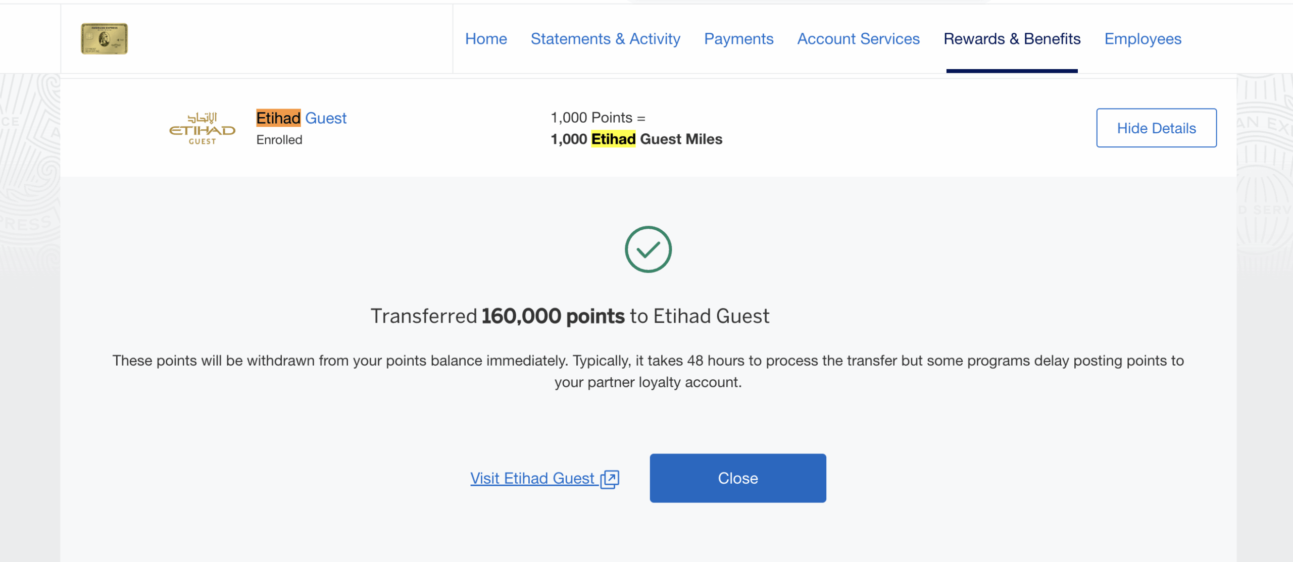 A webpage confirms the transfer of 160,000 points to Etihad Guest. It states that 1,000 points equal 1,000 Etihad Guest Miles and explains transfer processing times. Buttons for visiting Etihad Guest and closing the window are visible.